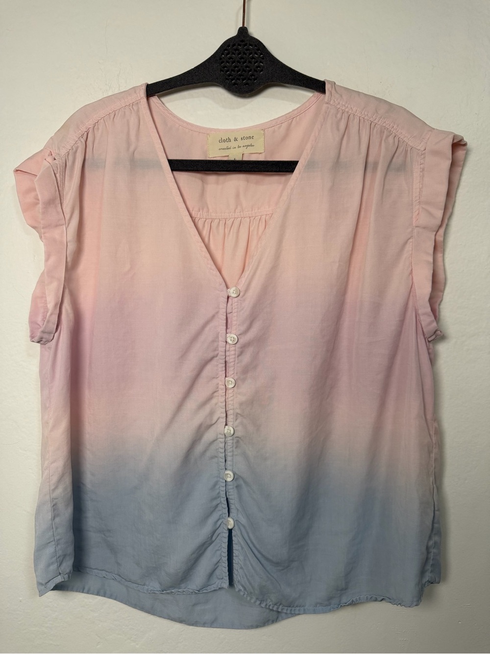 Cloth & Stone Ombre Tencel Blouse Pink Blue Dip Dye V-Neck Button Down Top L